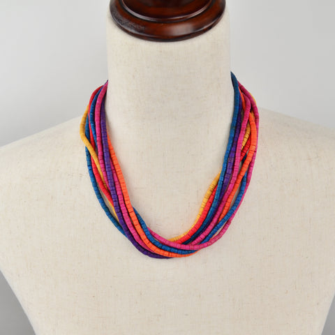 8-Strand Multi-Colored Wood Bead Boho Necklace - Statement
