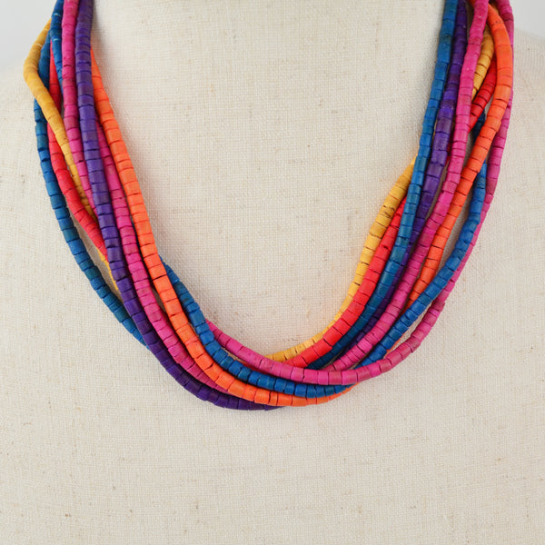 8-Strand Multi-Colored Wood Bead Boho Necklace - Statement