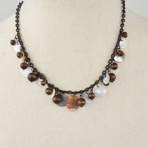 Bronze Tone Boho Necklace Wood Bead Shell Disc Statement Link Chain