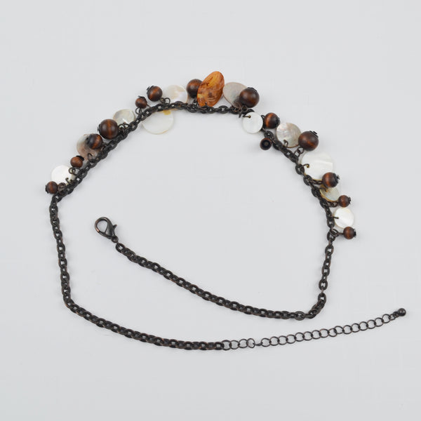 Bronze Tone Boho Necklace Wood Bead Shell Disc Statement Link Chain