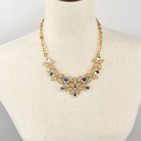Chunky Gold Tone Sparkly Rhinestone Statement Necklace - Clear, Iridescent Floral