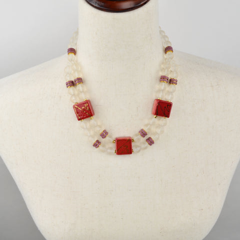 2-Strand Clear Bead Bib Statement Necklace - Square Gold Painted Stone Japan