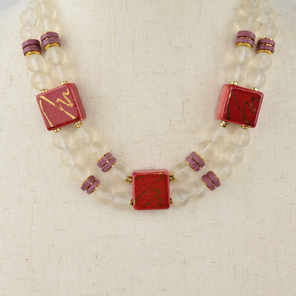 2-Strand Clear Bead Bib Statement Necklace - Square Gold Painted Stone Japan