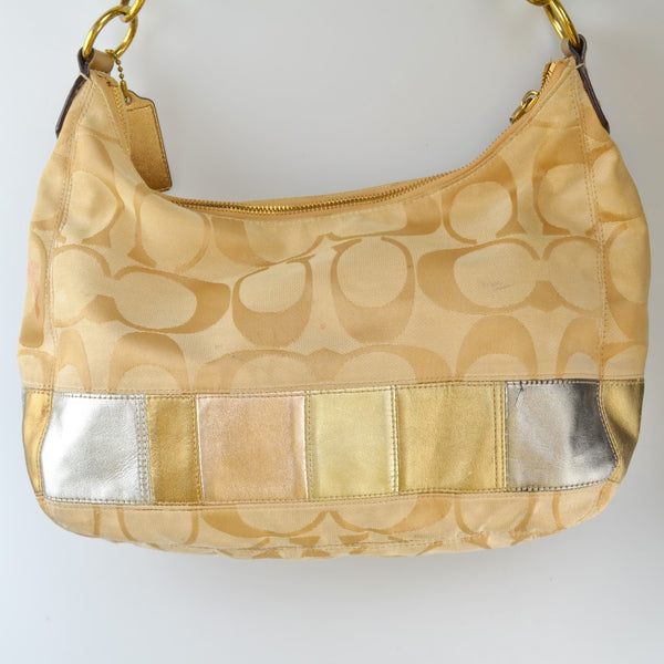 Coach Canvas Logo Boho Shoulder Bag Large Purse - Metallic Color Blocks and Strap