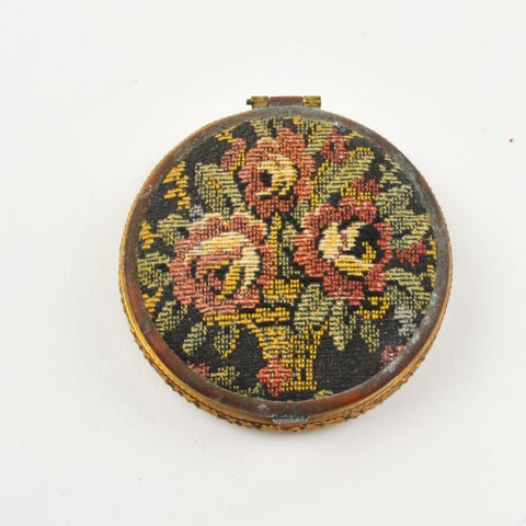 Vintage Powder Compact Mirror Metal Case - Floral Tapestry - Includes Powder, Puff