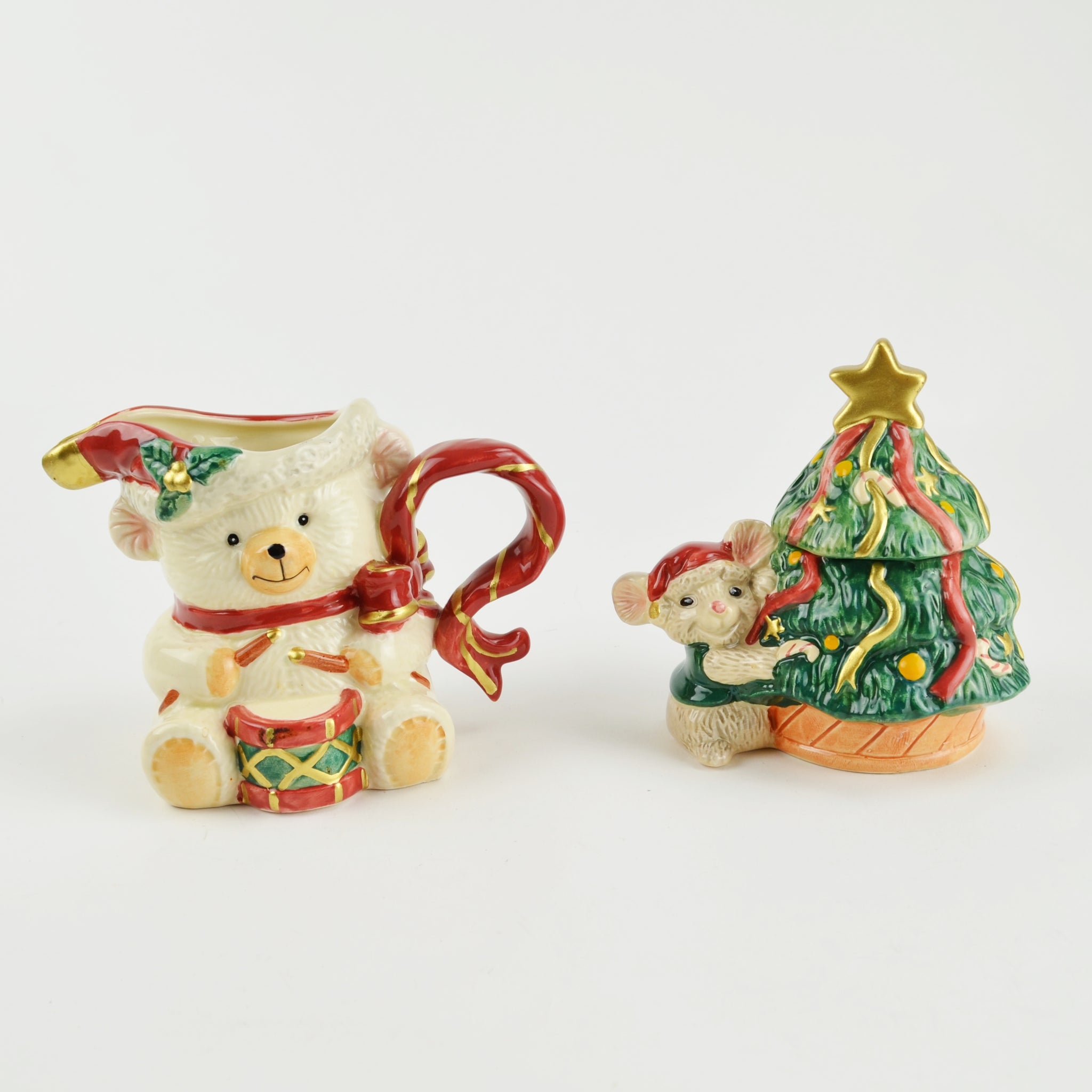 Fitz and Floyd Christmas Cream and Sugar Vintage 1995 - Holiday Bear, Tree