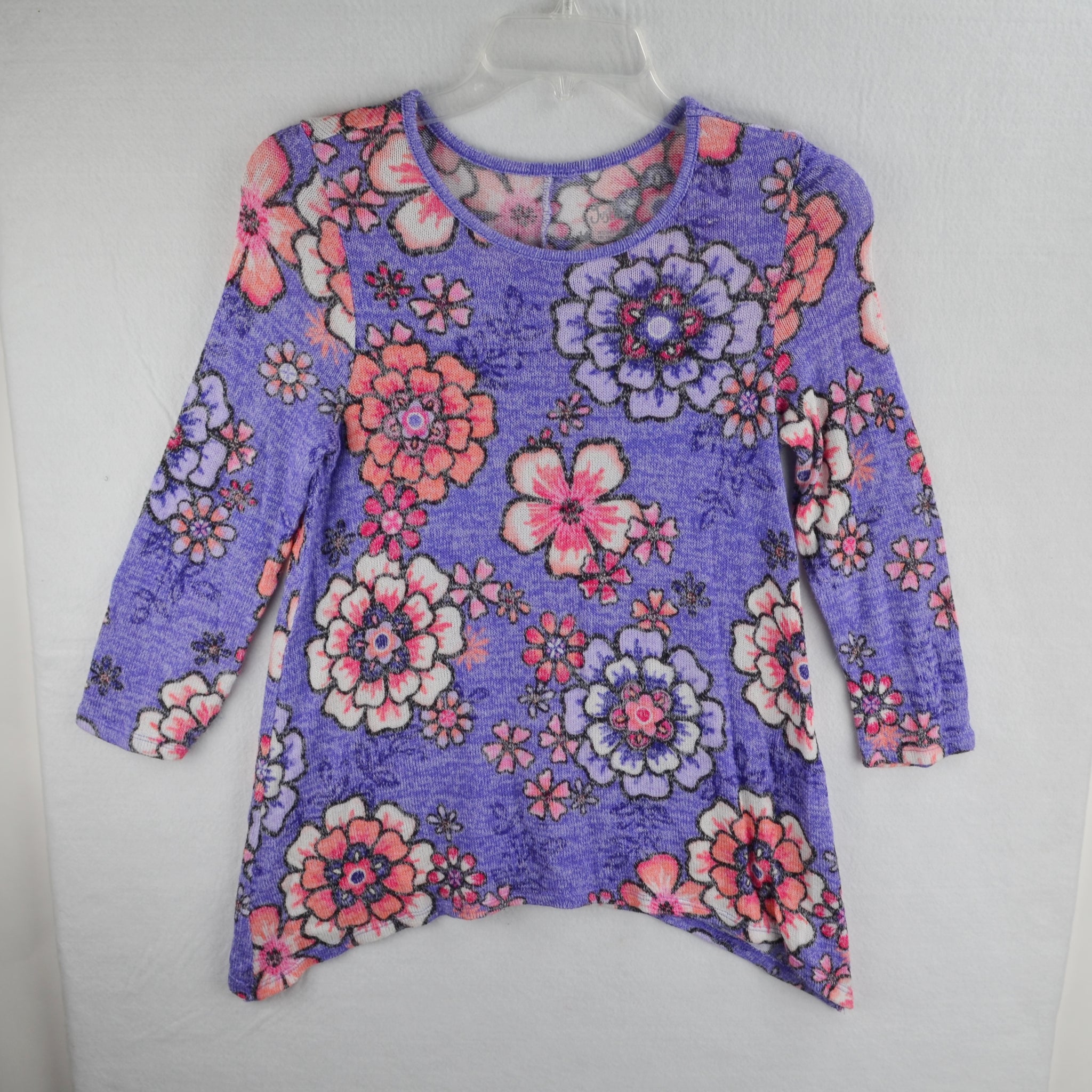 Justice Girls Pull-Over Sweater - Purple Floral Shark-bite - Size 14