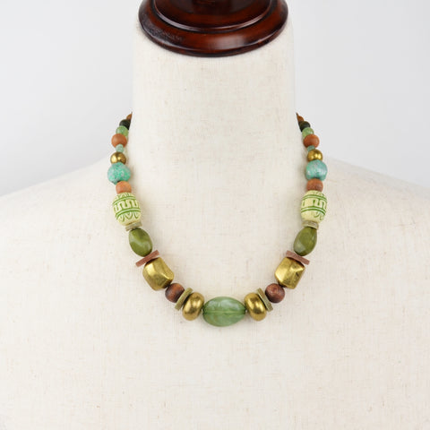 Wood Bead Necklace Boho Chunky 18 Inches Graduated Bronze Tone Green
