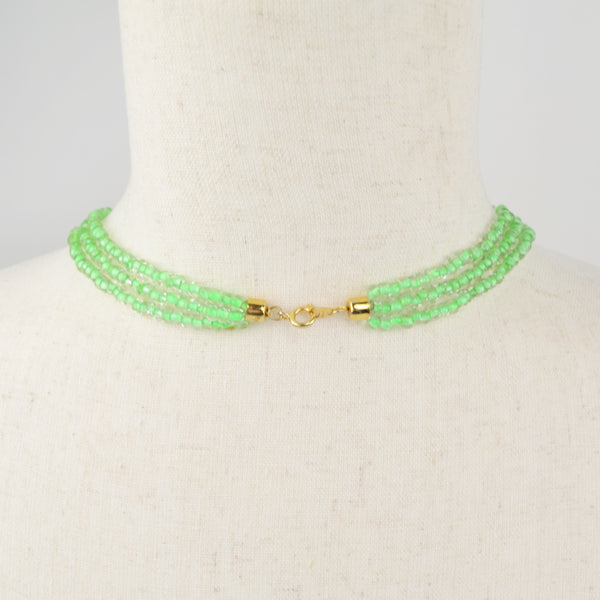 3-Strand Translucent Seed Bead Necklace - Lime Green Boho - Gold Tone Clasp