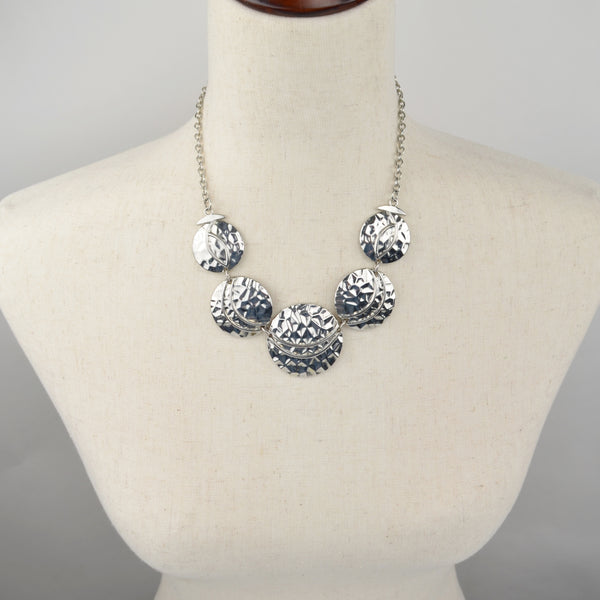 Silver Tone Bib Necklace Statement Link Chain Hammered Discs Graduated
