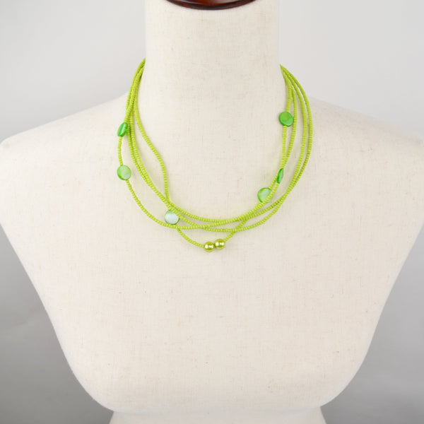 Silver Tone 4-Strand Seed Bead Necklace - Lime Green Boho