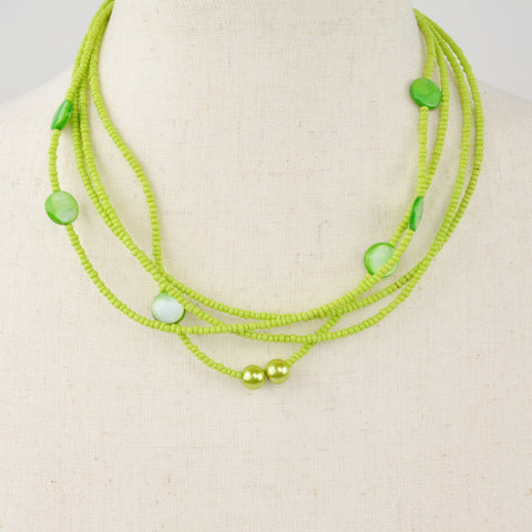Silver Tone 4-Strand Seed Bead Necklace - Lime Green Boho