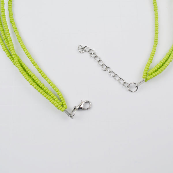 Silver Tone 4-Strand Seed Bead Necklace - Lime Green Boho