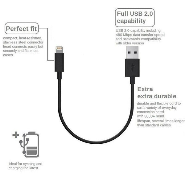Short IOS Charging Cable - 8" USB Black Braided Data Sync Cord 2 PACK - for Iphone
