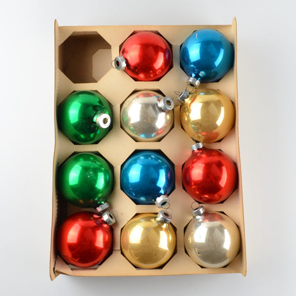 Vintage Pyramid Christmas Tree Ornaments 11 Mixed Mercury Glass 2" Balls w/Box