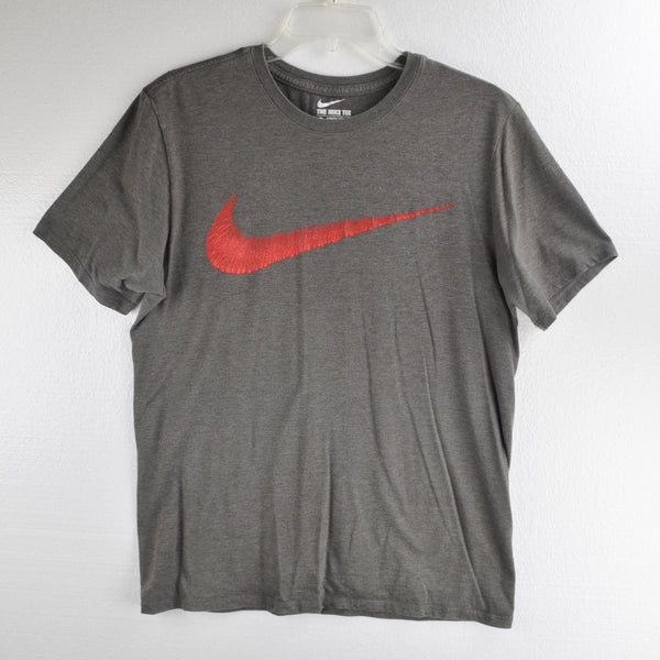 Nike Red Swoosh Graphic Tee Shirt Crew Neck- Mens Medium Dark Gray