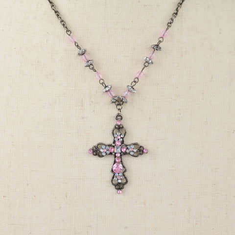 Silver Tone Pink Rhinestone Cross Estate Necklace - Chain Link Magnetic Clasp