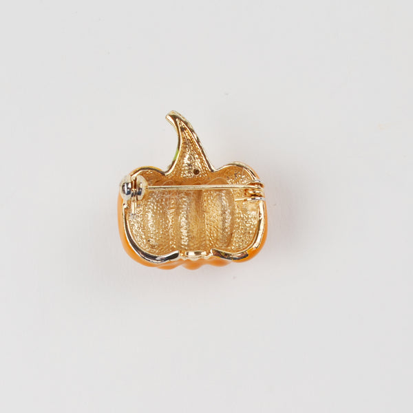 Pumpkin 3D Brooch Pin Gold Tone - Orange Enamel Rhinestones Fall Accent