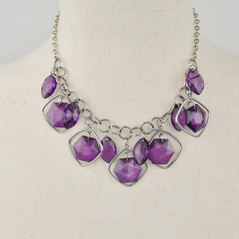 Silver Tone Chucky Purple Faceted Bib Statement Necklace Dangle Link Chain