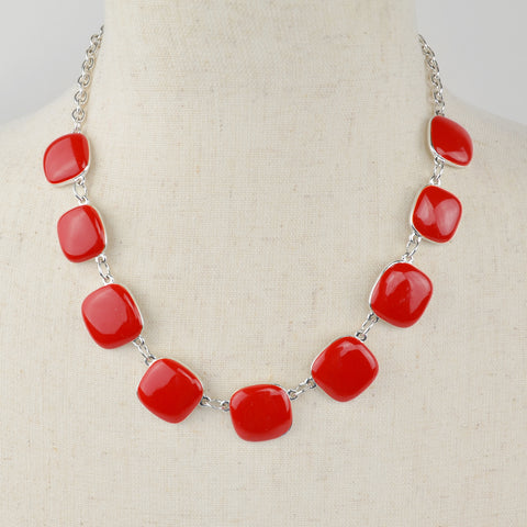 Silver Tone Red Square Stone Bib Statement Necklace Link Chain Flat Smooth