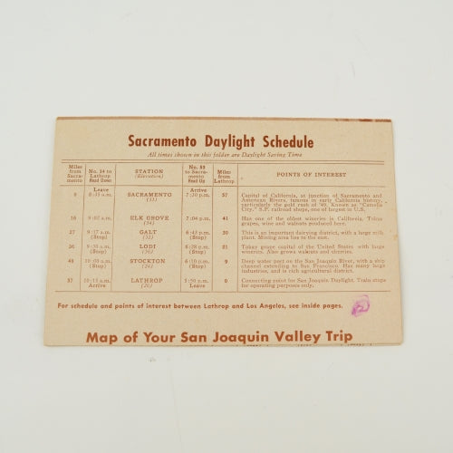 Vintage Southern Pacific Daylight Trip Schedule, Sacramento San Joaquin CA 1948