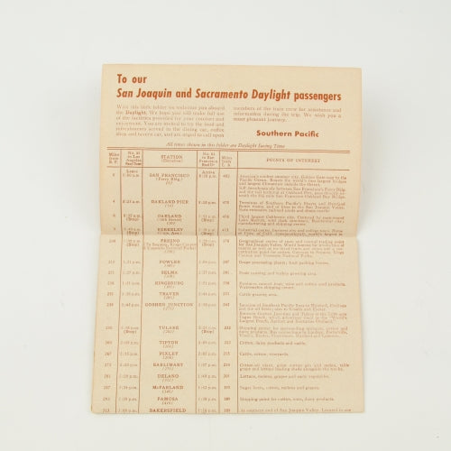 Vintage Southern Pacific Daylight Trip Schedule, Sacramento San Joaquin CA 1948