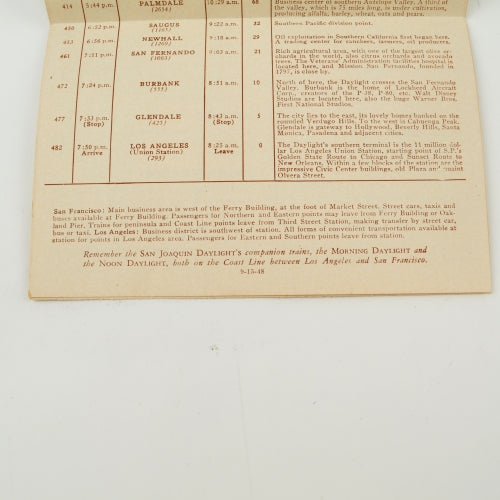 Vintage Southern Pacific Daylight Trip Schedule, Sacramento San Joaquin CA 1948