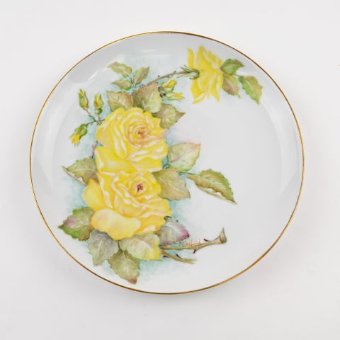 Vintage Arzberg Germany Plate - Yellow Wild Roses Gold Trimmed 9.25" Signed 1978
