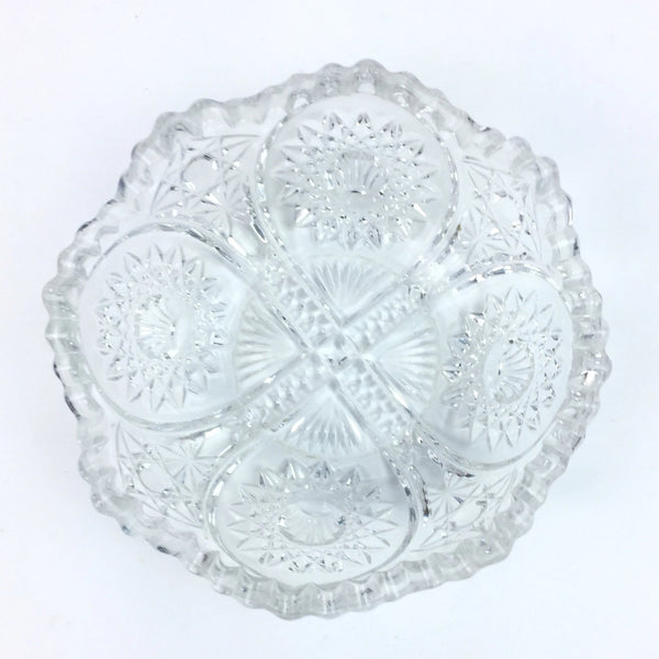 Vintage Cut Glass Candy Dish - Shells and Sawtooth Scalloped Edge - Pressed Glass