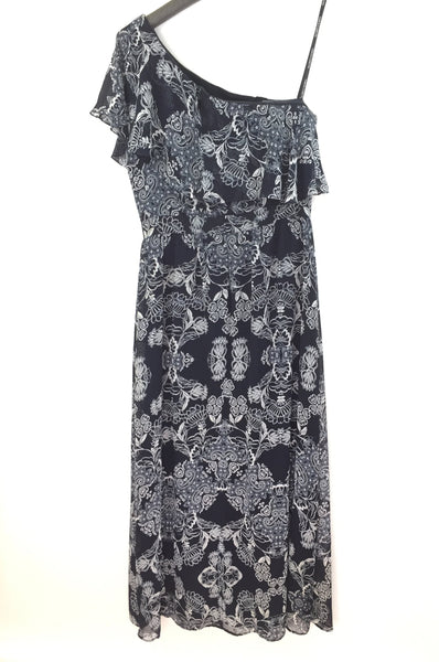 Vince Canute Womens Maxi Dress - Off One Shoulder - Navy Blue Floral - Size 12