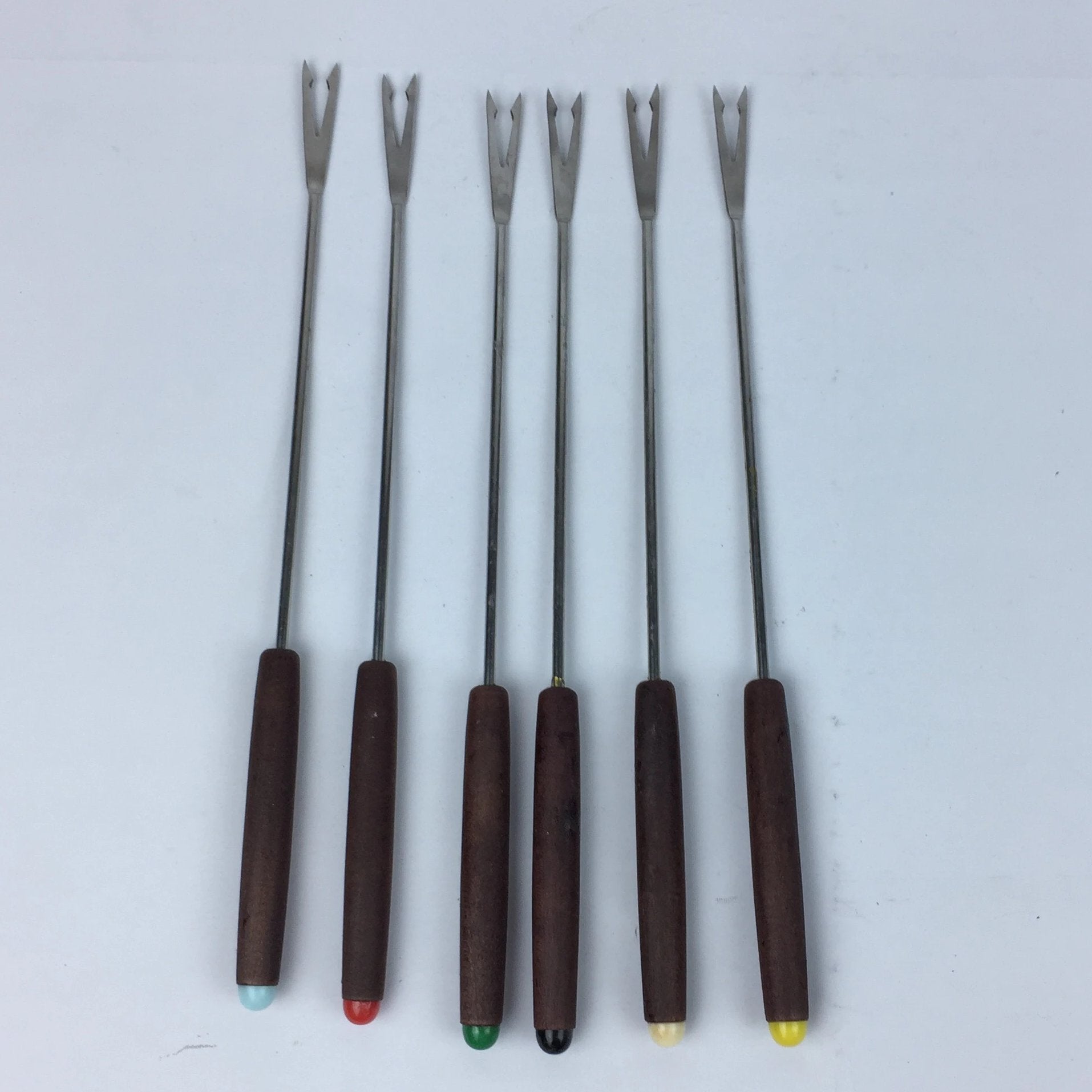 Vintage Oster Fondue Forks - Set of 6 - Wood Handles - Colored Coded Ends