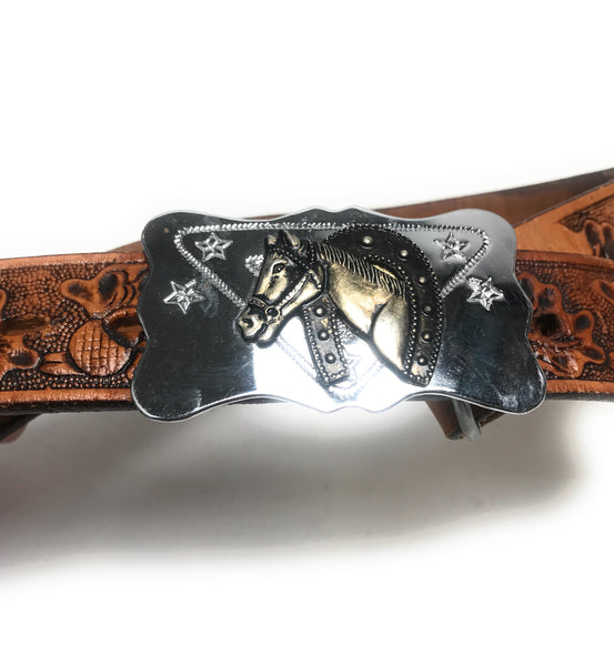 Justin Boots Tooled Leather Boys Belt Size 20 with Silver Horse Buckle