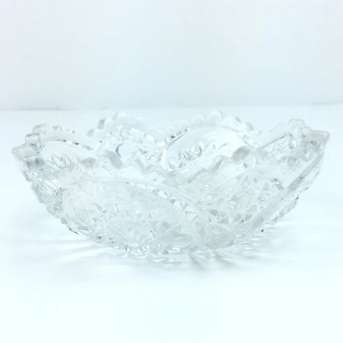 Vintage Cut Glass Candy Dish - Shells and Sawtooth Scalloped Edge - Pressed Glass