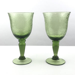 Vintage Green Glass Goblet - Large - Set of 2 - 7.5" Tall Footed Stemmed