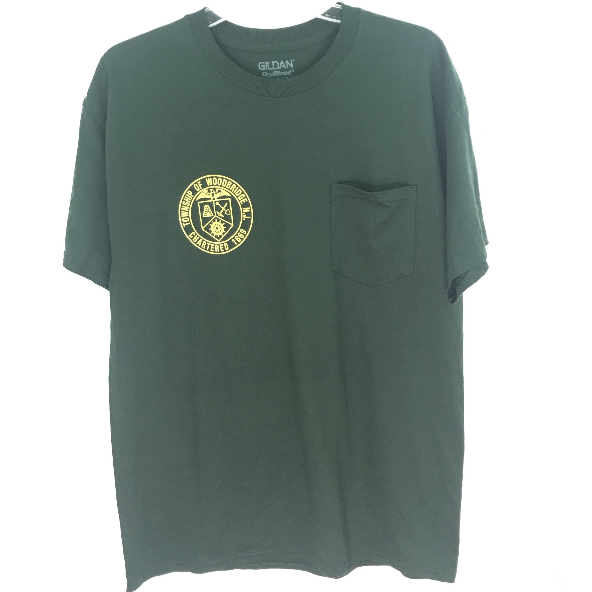 Woodbridge, N.J. Mens Pocket T Shirt - Hunter Green - Size Large - Gildan DriBlend
