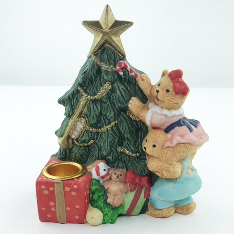 Teddie Bear Christmas Tree Porcelain Candle Holder - 5"