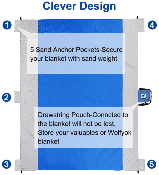 Wolfyok Outdoor Beach Blanket 108" X 84" Oversized Washable Sand Free Picnic Mat